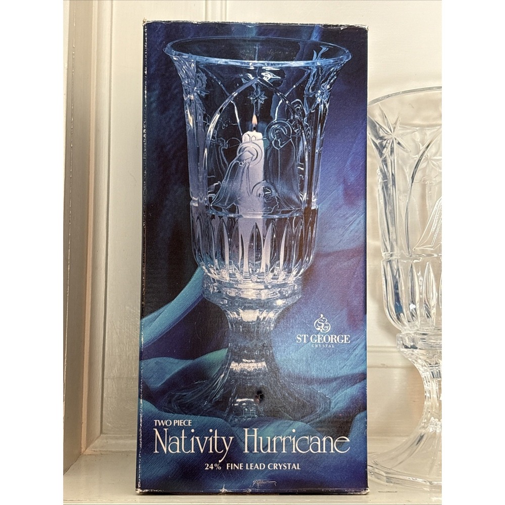 St George Crystal 2 Piece Nativity Hurricane 24% Fine‎ Lead Crystal Glass Candle